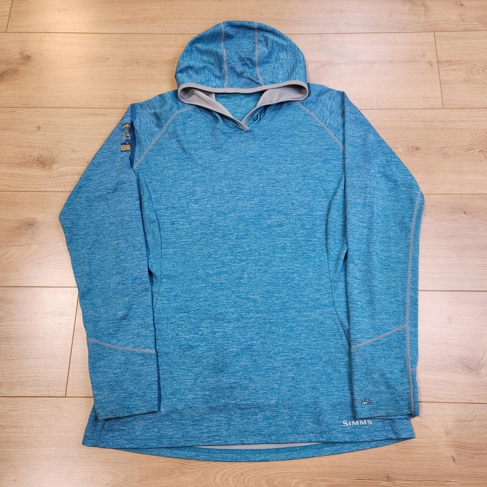 Simms Hooded Shirt Mens Medium Blue Long Sleeve SolarFlex UPF 50 Fishing